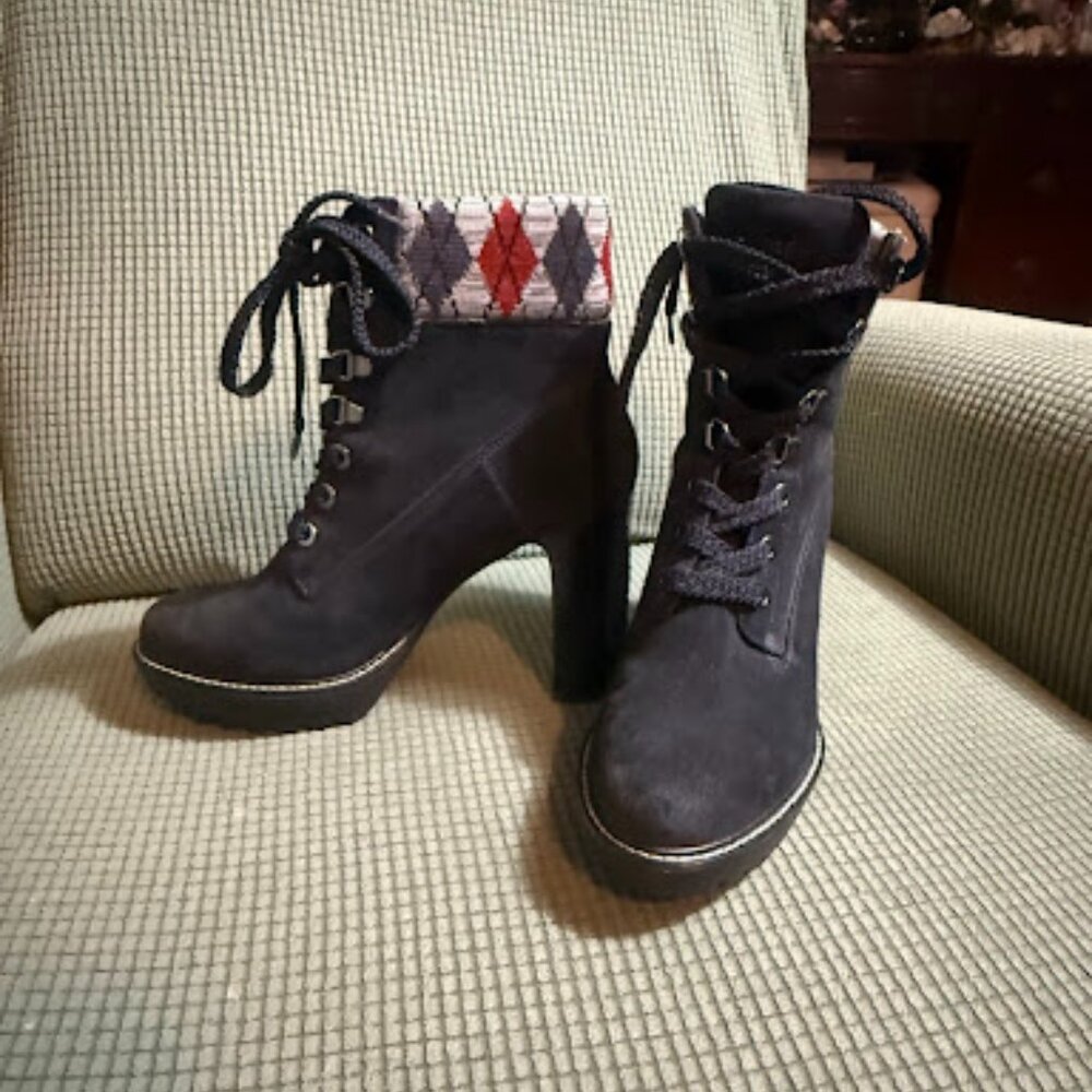 Tommy Hilfiger Eileen Suede Heeled Hiker Boots Argyle Size 8.5